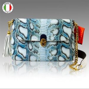 Marino Orlandi Designer Blue Snake Print Leather Foldover Clutch Women Purse Bag